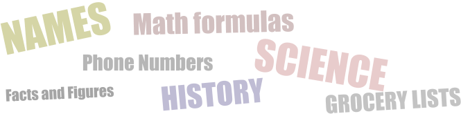 NAMES Phone Numbers Facts and Figures GROCERY LISTS SCIENCE Math formulas HISTORY